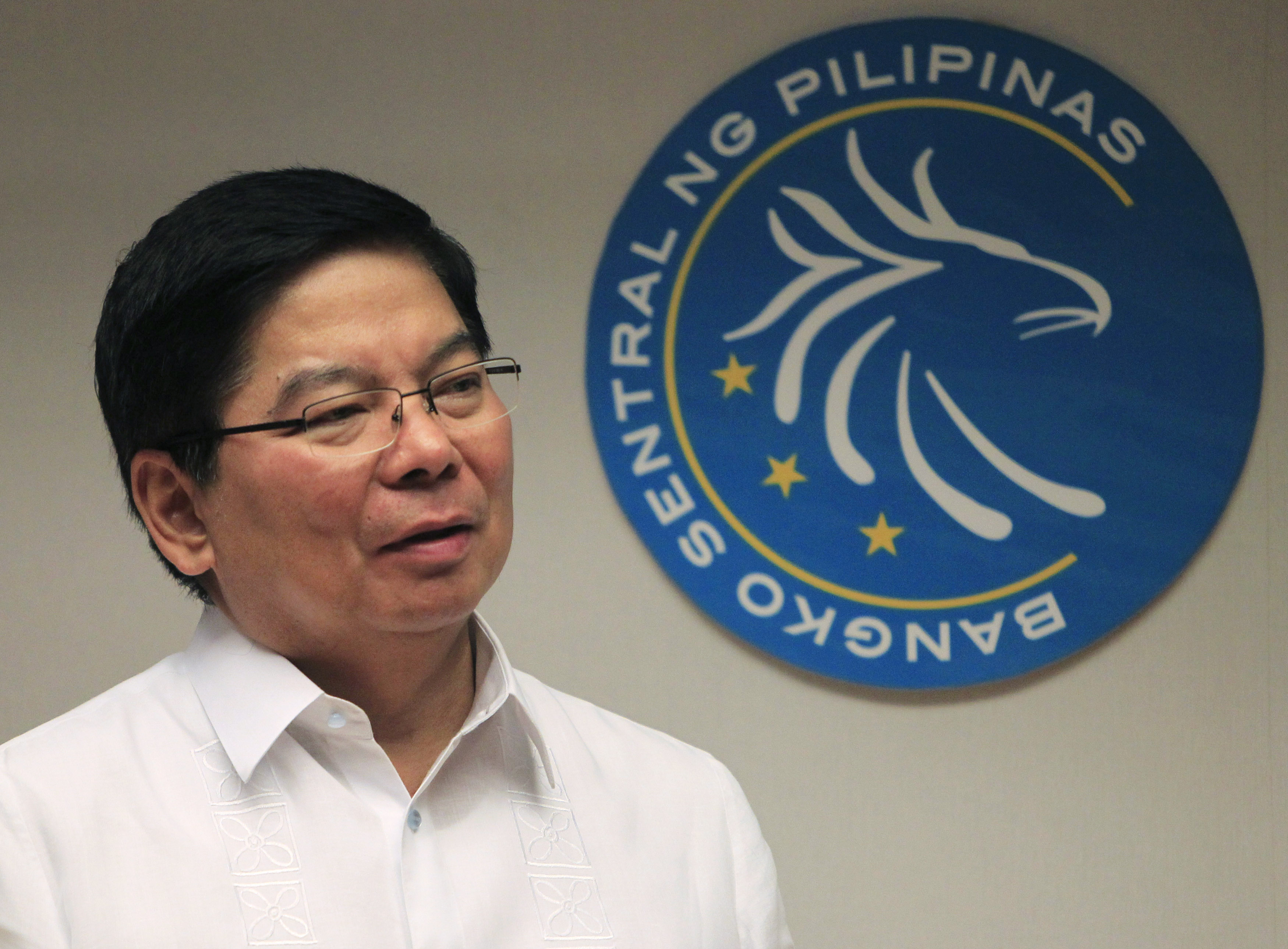Amando Tetangco, governor of the Bangko Sentral ng Pilipinas (BSP), answers questions during an interview at the BSP headquarters in Manila January 17, 2014. The Philippine central bank is present in the foreign exchange market to curb excessive volatility, although the peso's weakness due to uncertainty over the pace at which the U.S. will cut stimulus is having no major inflation impact, Tetangco said on Friday. REUTERS/Romeo Ranoco (PHILIPPINES - Tags: BUSINESS POLITICS) - RTX17HWJ