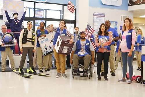 SUPERSTORE -- "Olympics" Episode 201 -- Pictured: (l-r) Nico Santos as Mateo, Ben Feldman as Jonah, Colton Dunn as Garrett, America Ferrera as Amy, Nichole Bloom as Cheyenne -- (Photo by: Trae Patton/NBC)