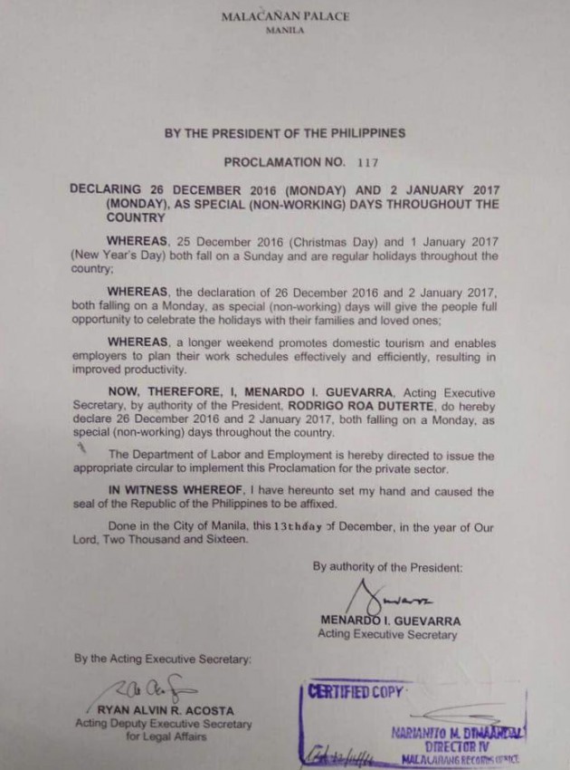 Palace Declares Dec 26 And Jan 2 As Special Holidays Philippine Primer