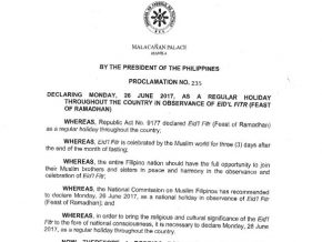Palace declares June 26 as regular holiday