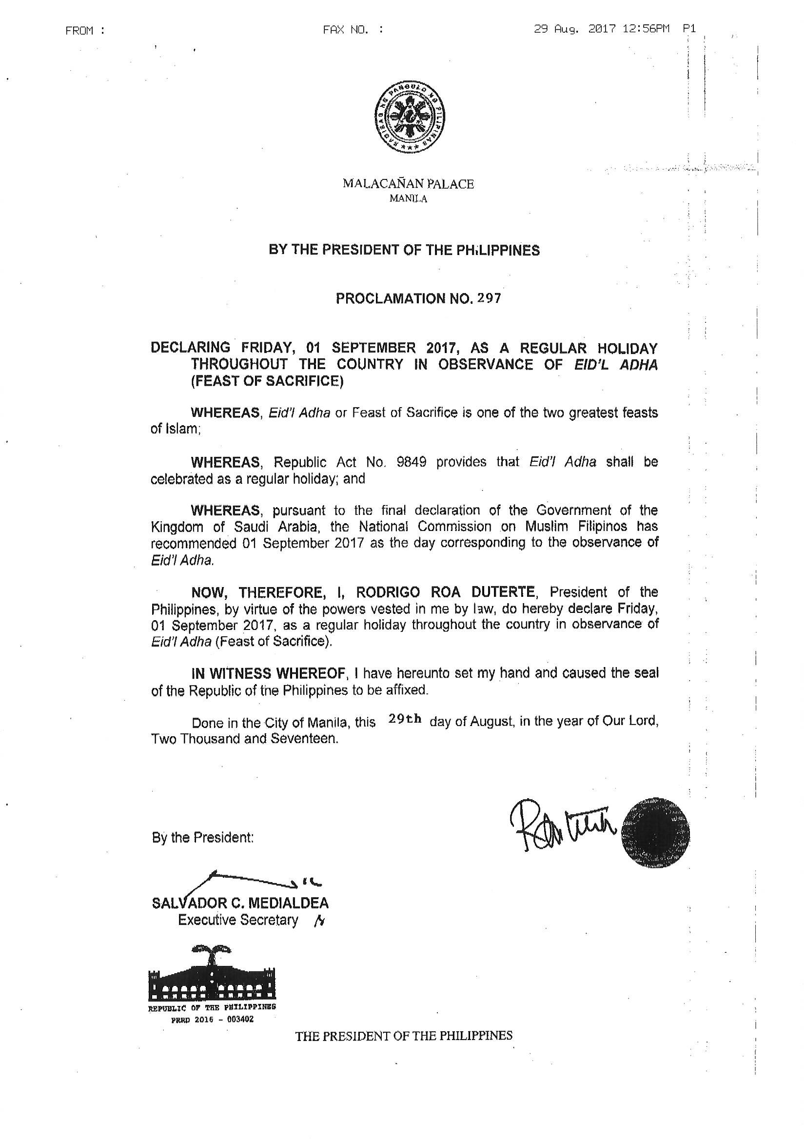 It’s official Palace declares Sept. 1 a regular holiday for Eid’l Adha