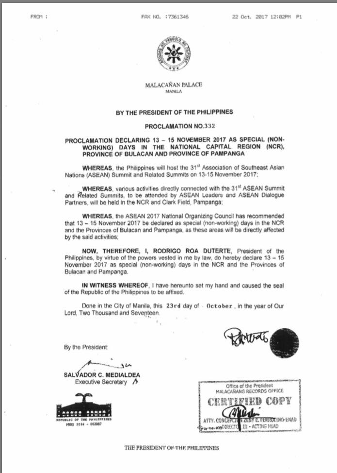 Palace declares Nov 13 15 as special holidays for NCR, Bulacan