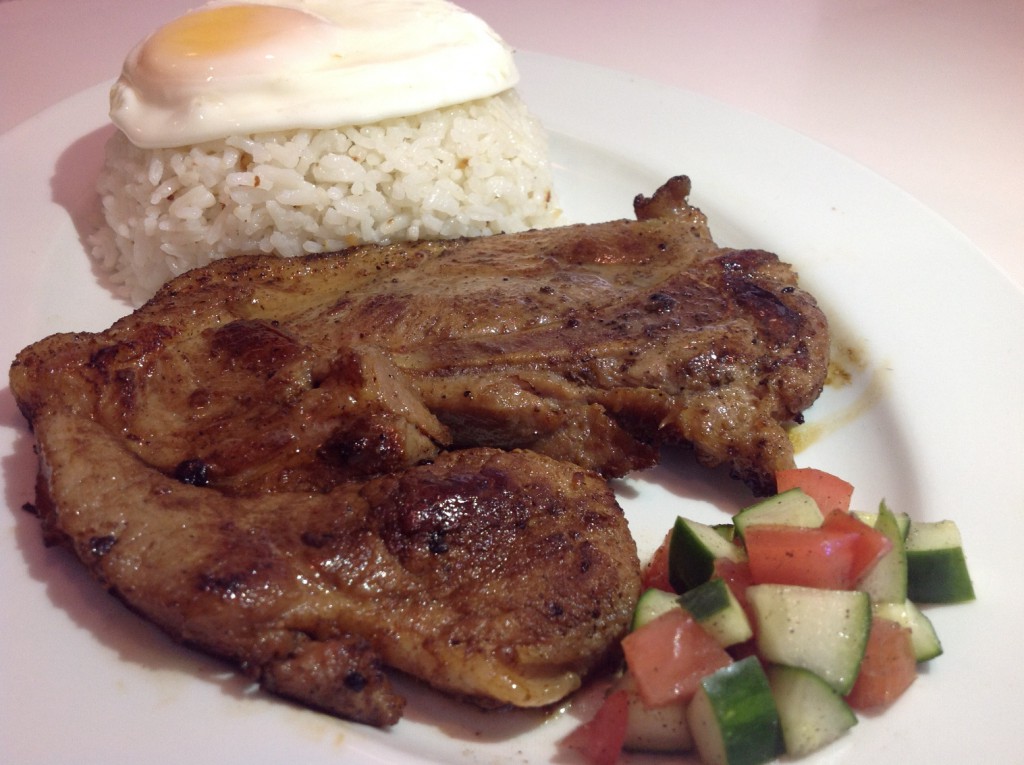 Pork Steak. Marinated Pork Steakpan-fried to perfection, served with egg and garlic rice. Coffee included#6_re