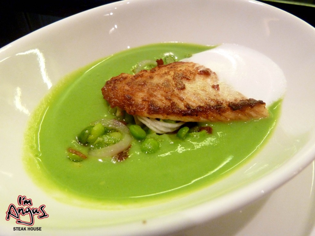 green pea soup with smoked brill