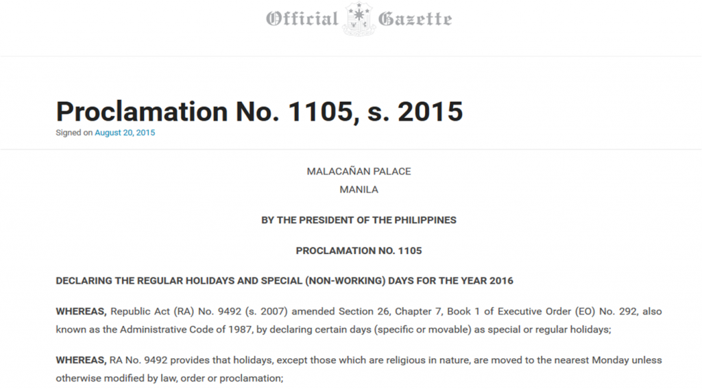 malacanan declaration holiday 2016