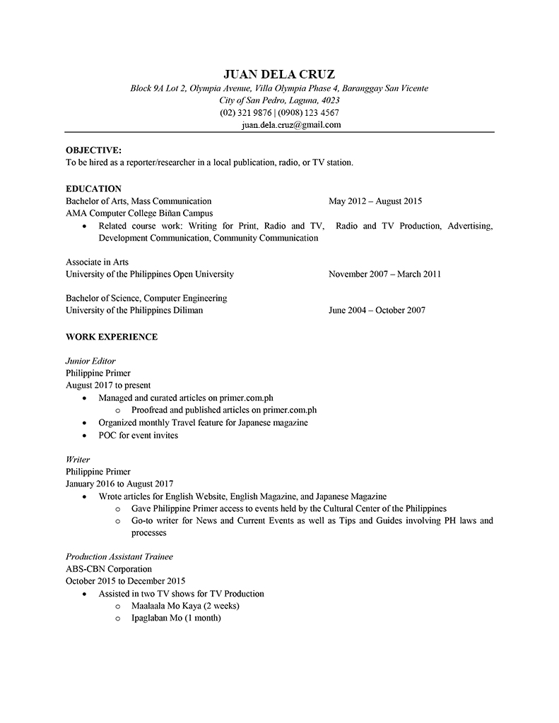 resume objective sample tagalog